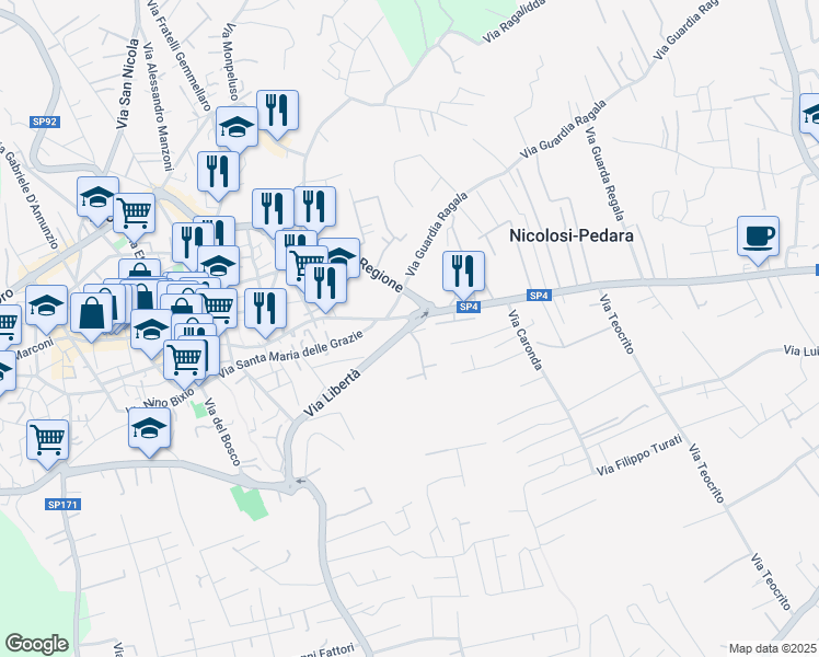 map of restaurants, bars, coffee shops, grocery stores, and more near 232 Via Libertà in Mascalucia
