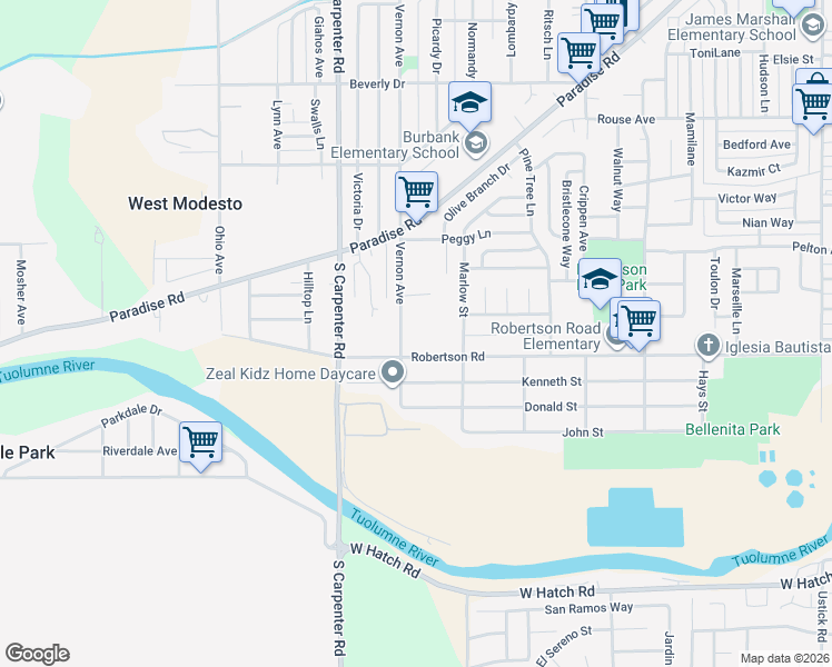 map of restaurants, bars, coffee shops, grocery stores, and more near 1908 Vernon Avenue in Modesto