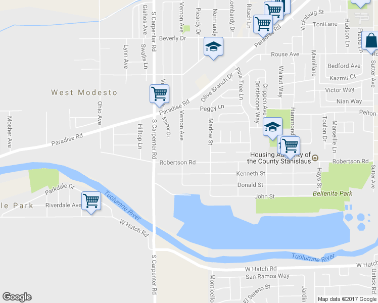 map of restaurants, bars, coffee shops, grocery stores, and more near 1908 Vernon Avenue in Modesto
