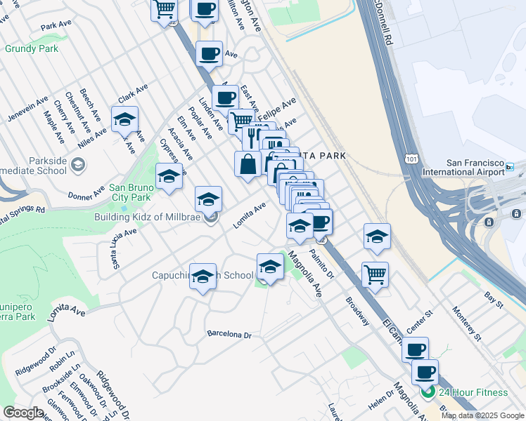 map of restaurants, bars, coffee shops, grocery stores, and more near 231 Lomita Avenue in San Bruno