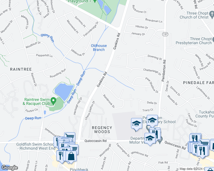 map of restaurants, bars, coffee shops, grocery stores, and more near 9648 Della Drive in Richmond