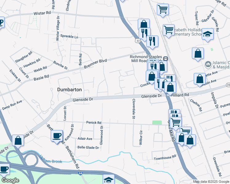 map of restaurants, bars, coffee shops, grocery stores, and more near 4108 Maple Tree Court in Henrico