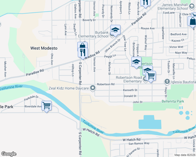 map of restaurants, bars, coffee shops, grocery stores, and more near 1908 Vernon Avenue in Modesto