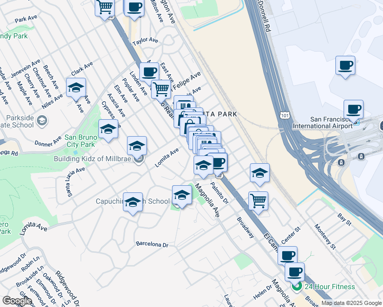 map of restaurants, bars, coffee shops, grocery stores, and more near 52 Linden Avenue in San Bruno