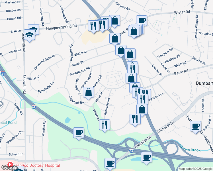 map of restaurants, bars, coffee shops, grocery stores, and more near 2600 Lassen Place in Henrico