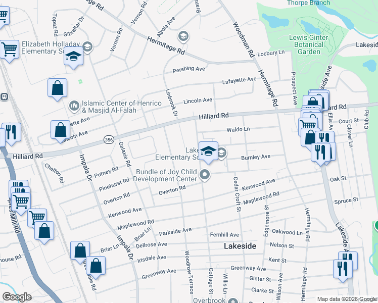 map of restaurants, bars, coffee shops, grocery stores, and more near 6717 Linbrook Drive in Richmond