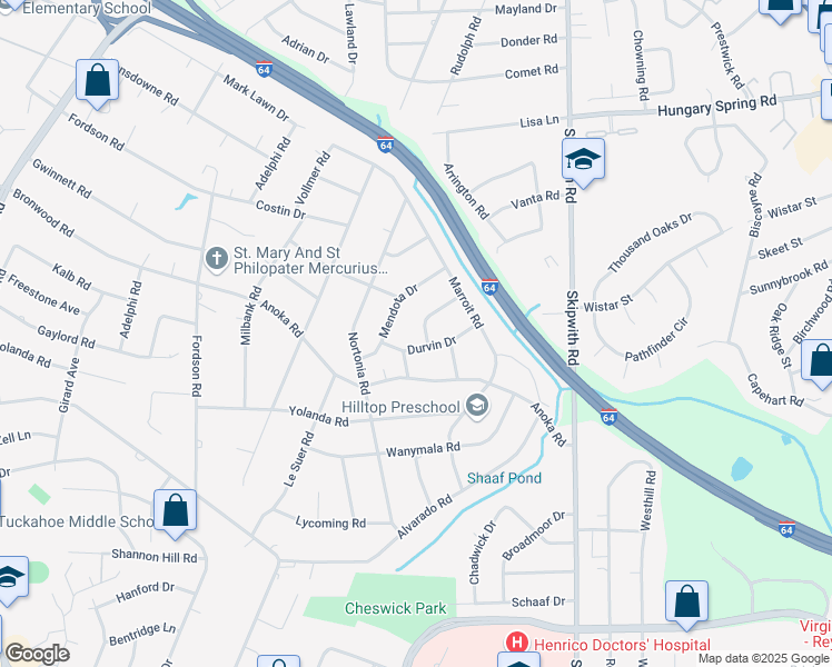map of restaurants, bars, coffee shops, grocery stores, and more near 7716 Hudson Drive in Richmond