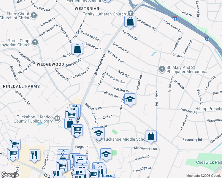 map of restaurants, bars, coffee shops, grocery stores, and more near 8413 Gaylord Road in Richmond