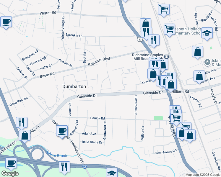 map of restaurants, bars, coffee shops, grocery stores, and more near 4704 Fox Rest Dr in Henrico