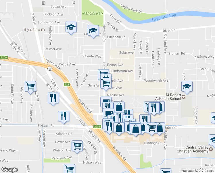 map of restaurants, bars, coffee shops, grocery stores, and more near 1303 Holm Avenue in Modesto