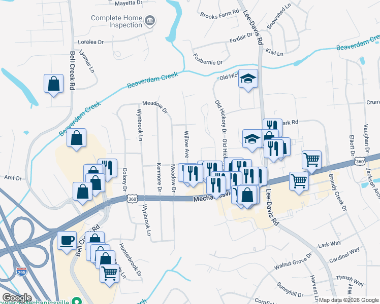 map of restaurants, bars, coffee shops, grocery stores, and more near 7980 Willow Avenue in Mechanicsville