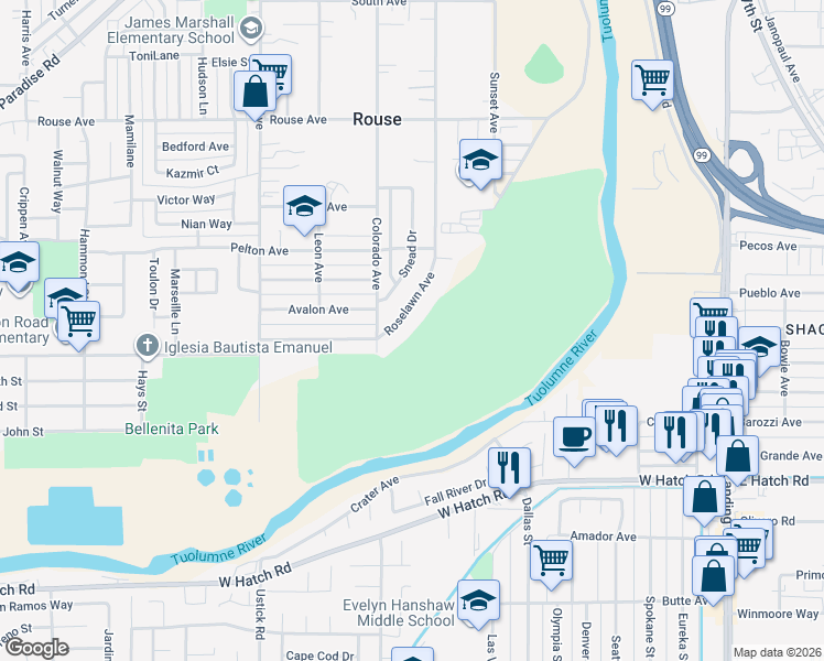 map of restaurants, bars, coffee shops, grocery stores, and more near 1201 Roselawn Avenue in Modesto