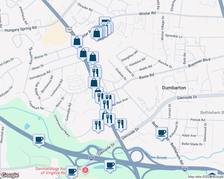 map of restaurants, bars, coffee shops, grocery stores, and more near 3001 Bethlehem Road in Richmond