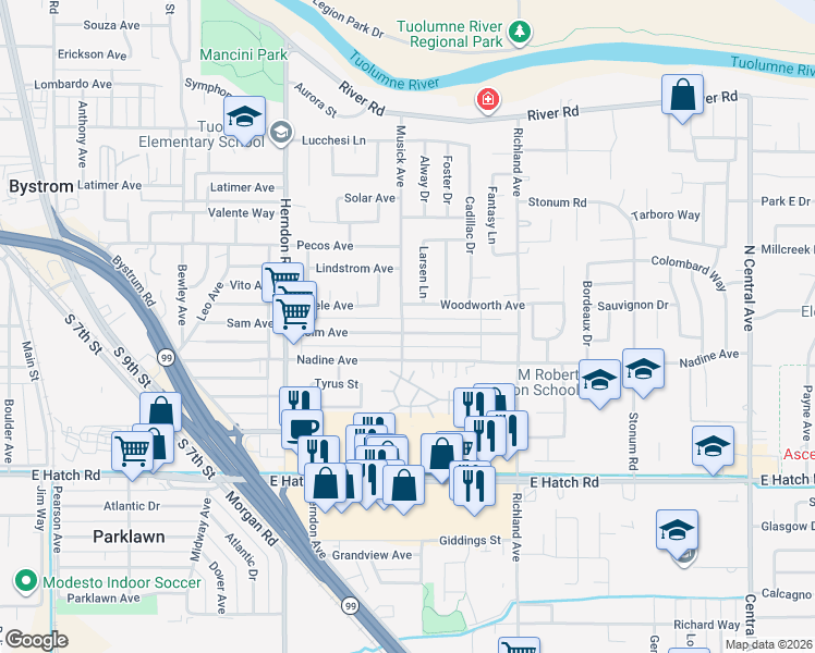 map of restaurants, bars, coffee shops, grocery stores, and more near 1501 Holm Avenue in Modesto
