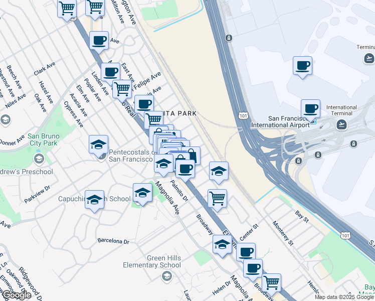 map of restaurants, bars, coffee shops, grocery stores, and more near 165 Santa Clara Avenue in San Bruno