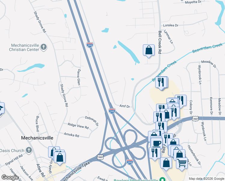 map of restaurants, bars, coffee shops, grocery stores, and more near 7318 Habeas Court in Mechanicsville