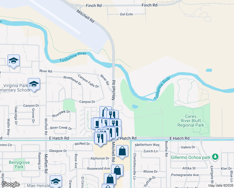 map of restaurants, bars, coffee shops, grocery stores, and more near 1230 Mitchell Road in Modesto
