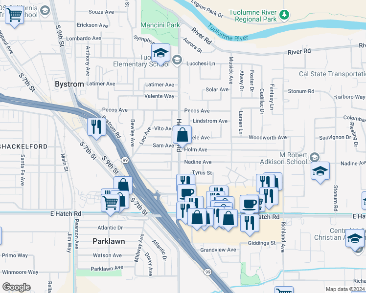 map of restaurants, bars, coffee shops, grocery stores, and more near 1303 Holm Avenue in Modesto