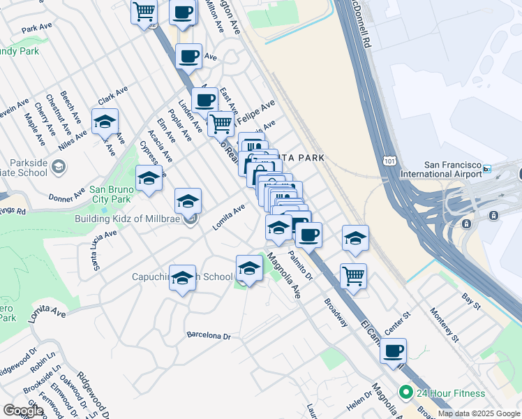 map of restaurants, bars, coffee shops, grocery stores, and more near 52 Linden Avenue in San Bruno