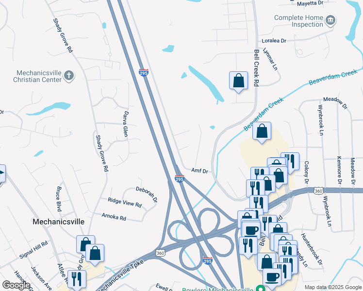 map of restaurants, bars, coffee shops, grocery stores, and more near 7318 Habeas Court in Mechanicsville