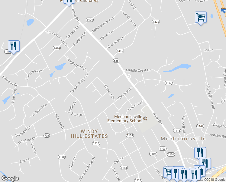 map of restaurants, bars, coffee shops, grocery stores, and more near 7452 Eleanor Drive in Mechanicsville