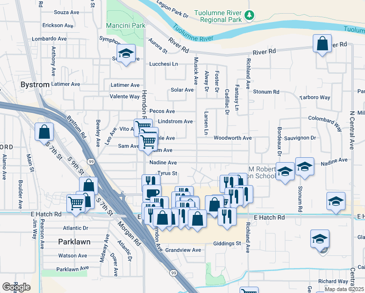 map of restaurants, bars, coffee shops, grocery stores, and more near 1419 Holm Avenue in Modesto