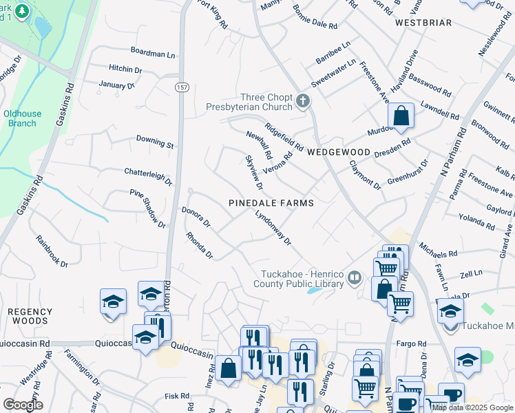 map of restaurants, bars, coffee shops, grocery stores, and more near 9308 Lyndonway Drive in Richmond