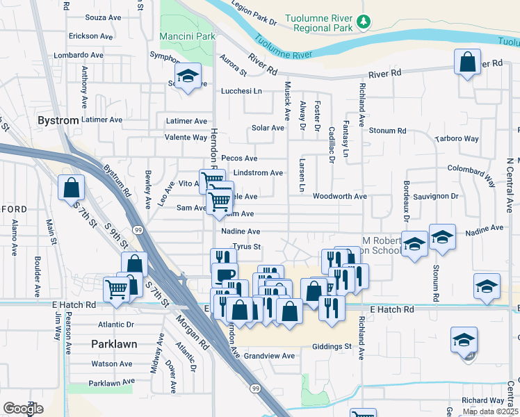 map of restaurants, bars, coffee shops, grocery stores, and more near 1419 Holm Avenue in Modesto