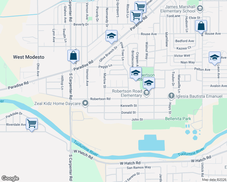 map of restaurants, bars, coffee shops, grocery stores, and more near 2049 Rock Pine Court in Modesto