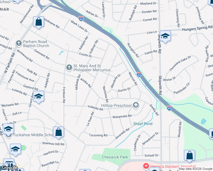 map of restaurants, bars, coffee shops, grocery stores, and more near 2204 Mendota Drive in Richmond