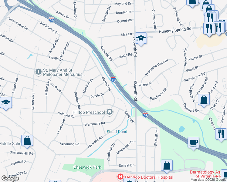 map of restaurants, bars, coffee shops, grocery stores, and more near 2021 Marroit Road in Richmond