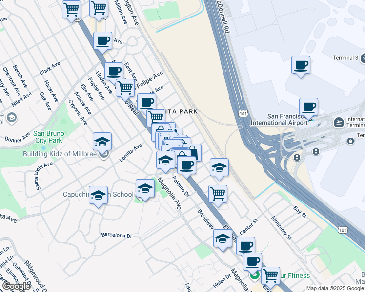 map of restaurants, bars, coffee shops, grocery stores, and more near 165 Santa Clara Avenue in San Bruno