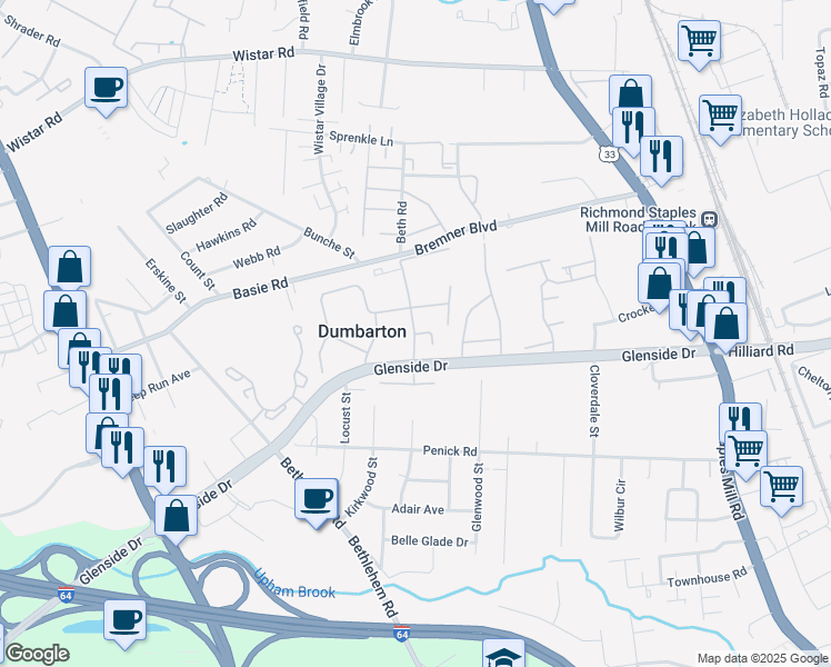 map of restaurants, bars, coffee shops, grocery stores, and more near 7001 Coachman Lane in Henrico