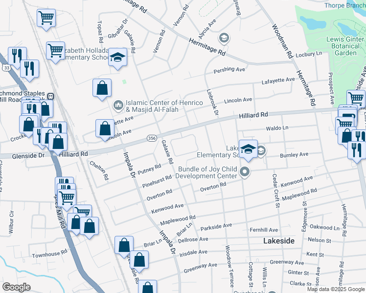 map of restaurants, bars, coffee shops, grocery stores, and more near 2821 Hilliard Road in Henrico