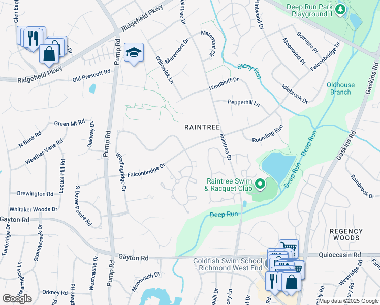 map of restaurants, bars, coffee shops, grocery stores, and more near 10407 Falconbridge Drive in Richmond