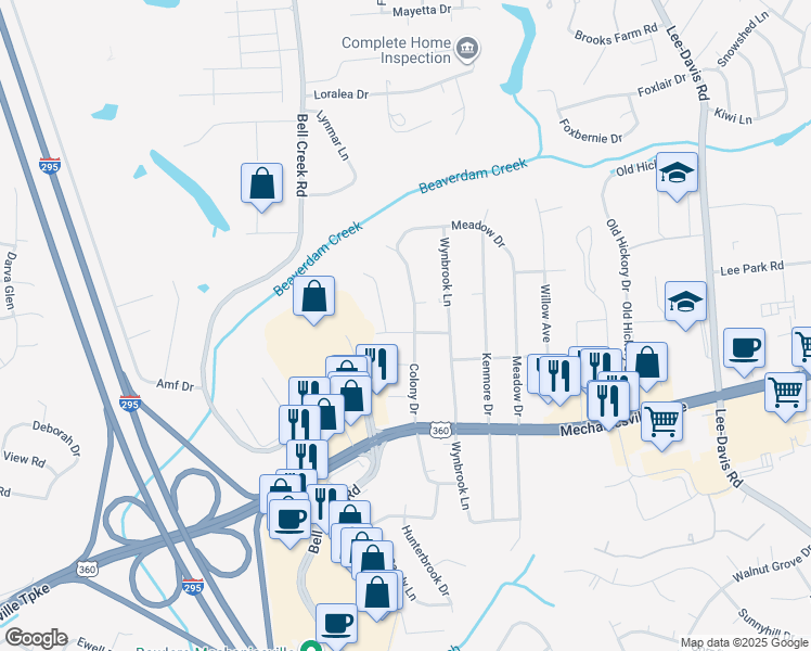 map of restaurants, bars, coffee shops, grocery stores, and more near 7460 Hunter Drive in Mechanicsville