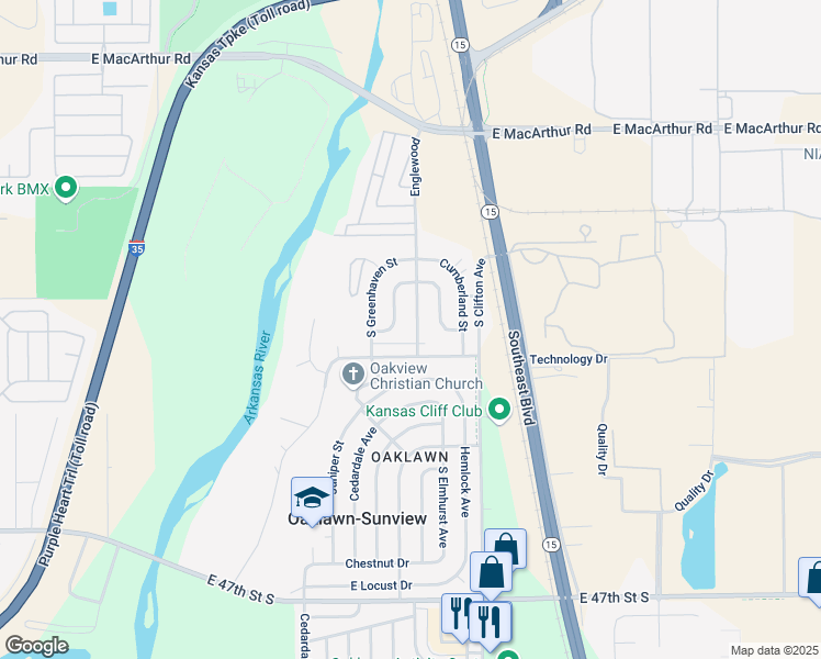 map of restaurants, bars, coffee shops, grocery stores, and more near 4320 Dover Street in Wichita