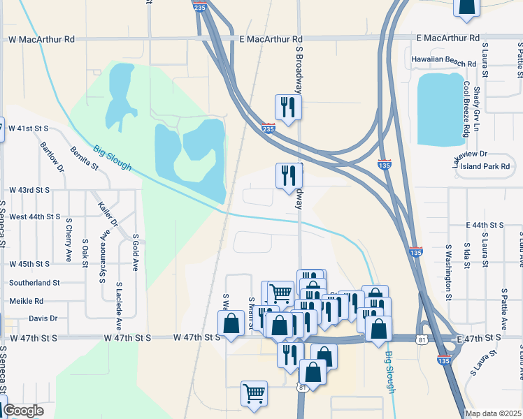 map of restaurants, bars, coffee shops, grocery stores, and more near 131 East Valley Road in Wichita