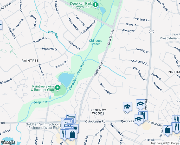 map of restaurants, bars, coffee shops, grocery stores, and more near 1800 Gaskins Road in Richmond