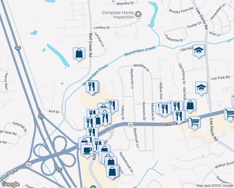 map of restaurants, bars, coffee shops, grocery stores, and more near 7460 Hunter Drive in Mechanicsville