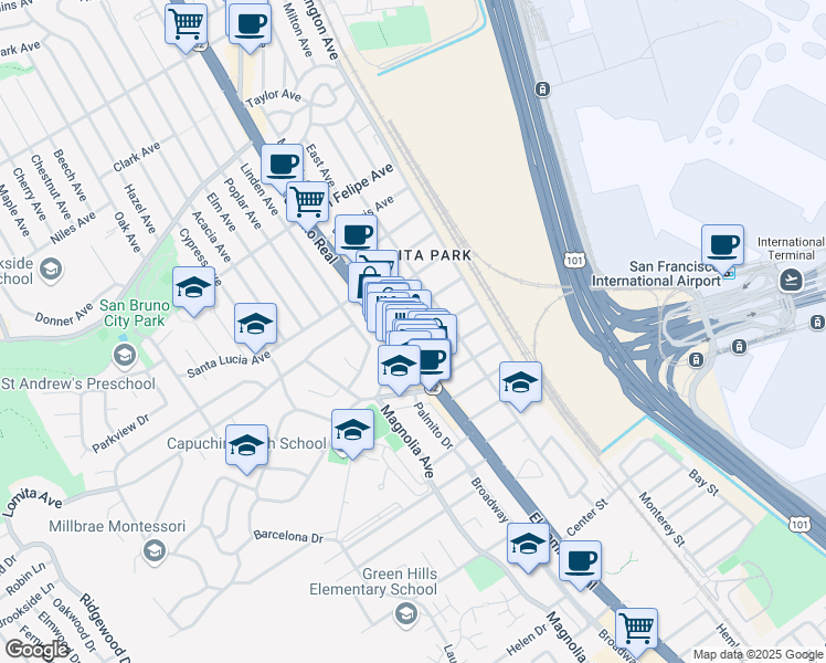 map of restaurants, bars, coffee shops, grocery stores, and more near 117 Santa Inez Ave in San Bruno