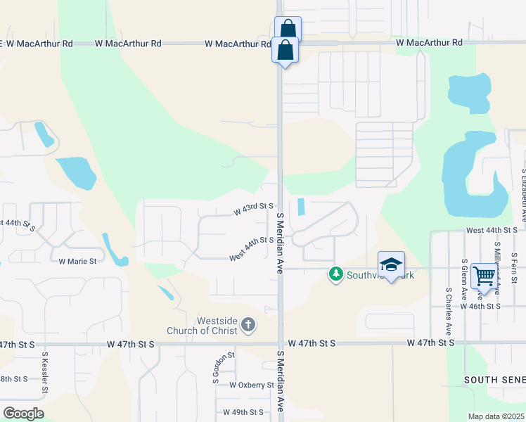 map of restaurants, bars, coffee shops, grocery stores, and more near 2601 West 43rd Street South in Wichita