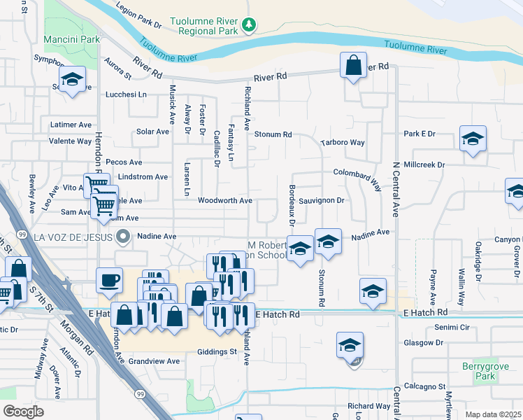 map of restaurants, bars, coffee shops, grocery stores, and more near 1010 Munchkin Drive in Modesto