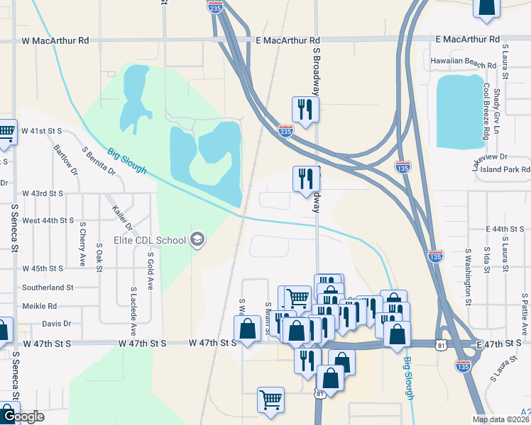 map of restaurants, bars, coffee shops, grocery stores, and more near 131 East Valley Road in Wichita