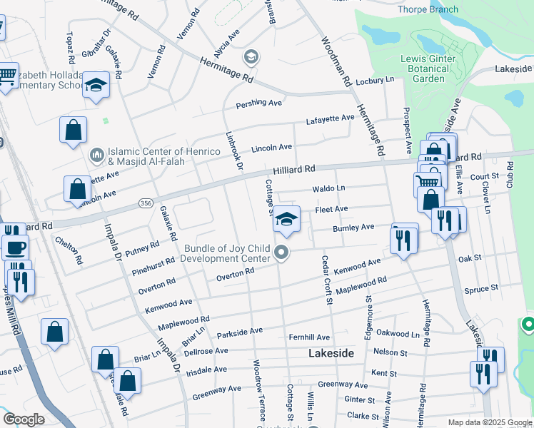 map of restaurants, bars, coffee shops, grocery stores, and more near 6800 Cottage Street in Richmond