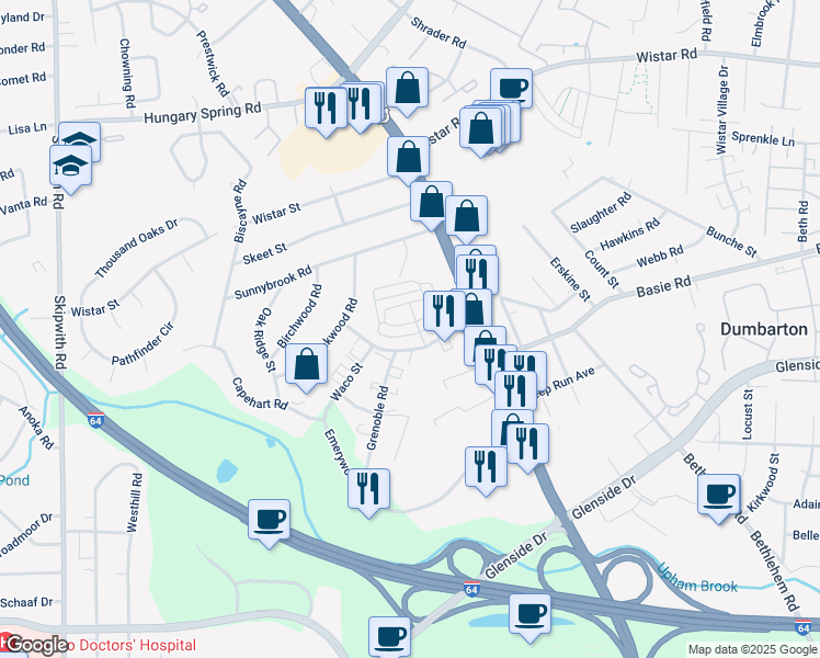map of restaurants, bars, coffee shops, grocery stores, and more near 2671 Saint Elias Drive in Henrico