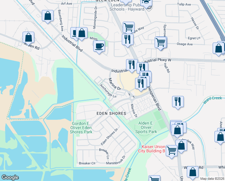 map of restaurants, bars, coffee shops, grocery stores, and more near 28584 Anchorage Lane in Hayward