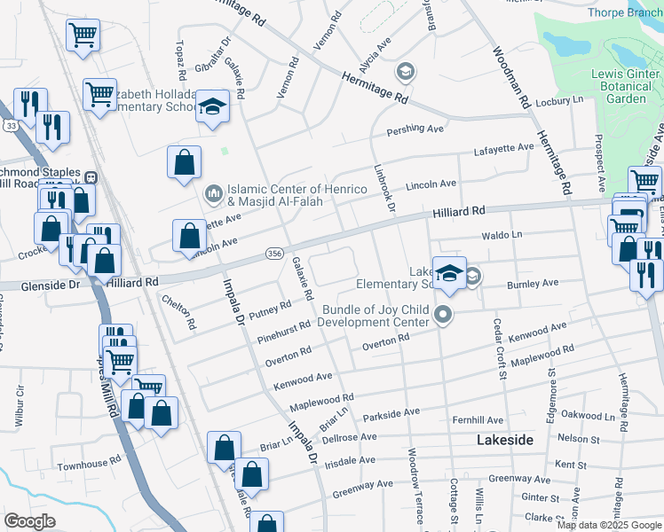 map of restaurants, bars, coffee shops, grocery stores, and more near 2821 Hilliard Road in Henrico