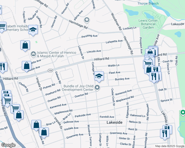 map of restaurants, bars, coffee shops, grocery stores, and more near 6800 Cottage Street in Richmond