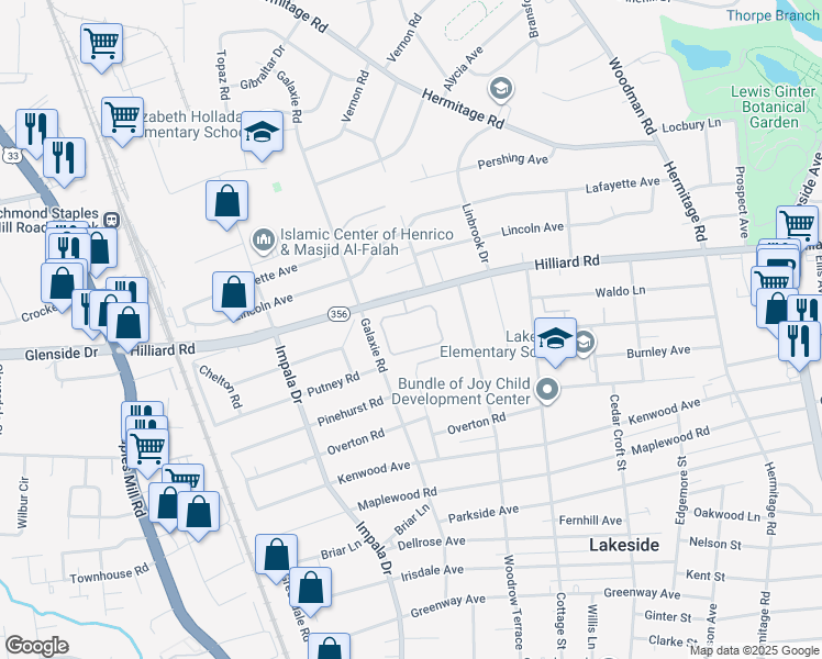 map of restaurants, bars, coffee shops, grocery stores, and more near 2821 Hilliard Road in Henrico